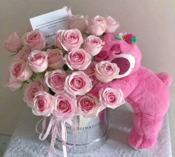 Pink Roses In Bucket And Bear