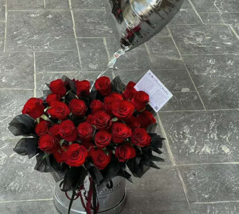 Red Roses In Bucket With Heart Shape Helium Balloon