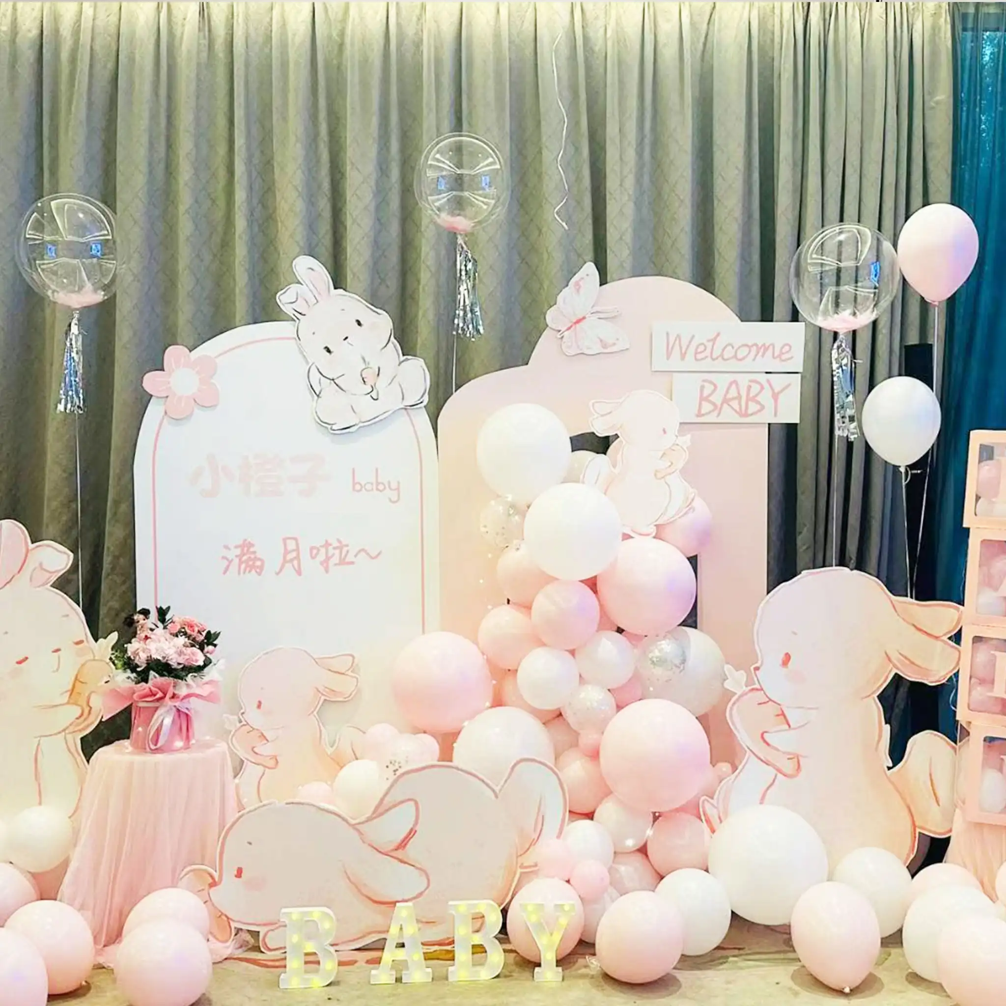 New Born Baby Decoration Pink Color Balloons Standing Board Rabbits